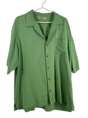 Tommy Bahama 100% silk shirt Green Button-Up wood buttons vacation resort sz lg